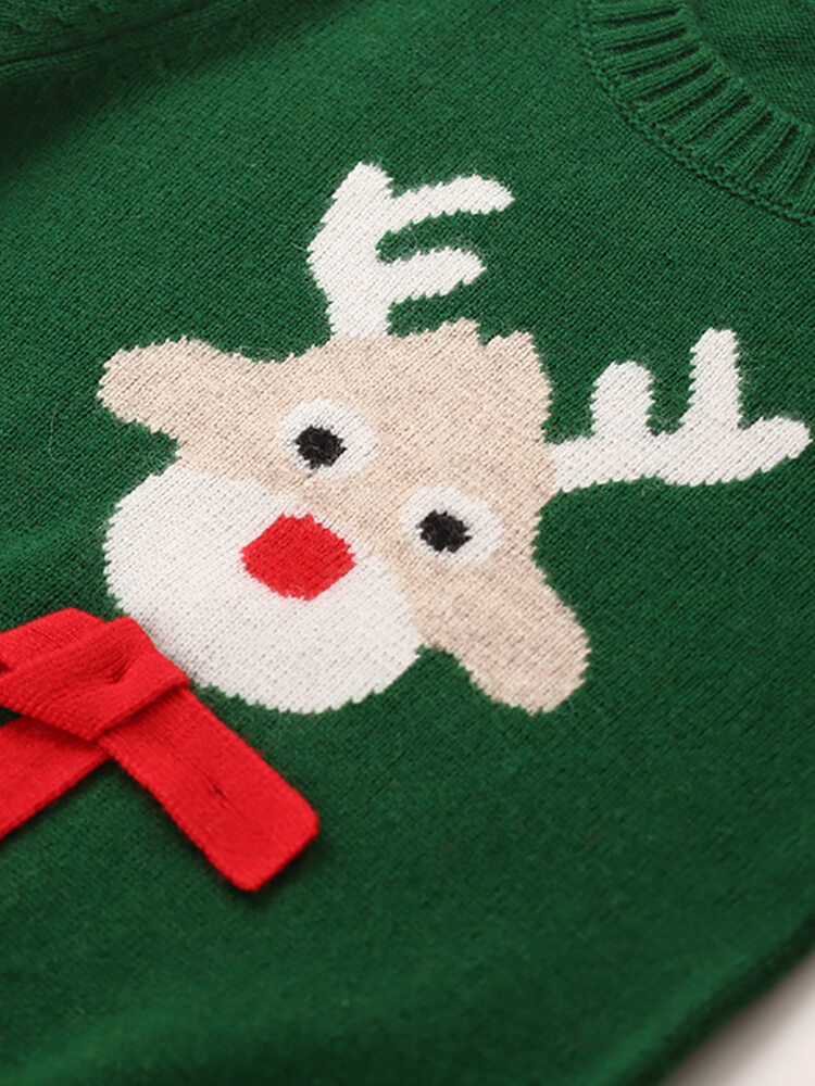 Kids Christmas Reindeer Cashmere Sweater with 3D Bow